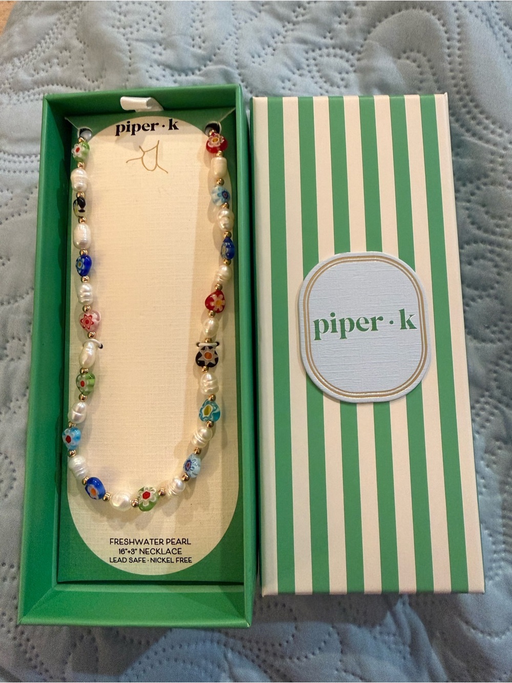 NWT Piper K Colorful Fresh Water Pearl Flower Print Beaded Necklace 16.5+3 Inch